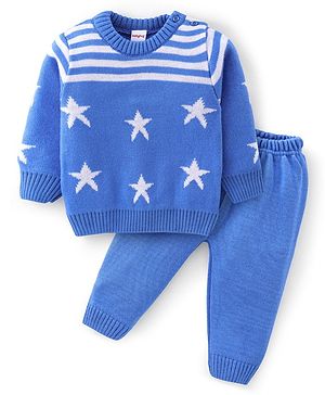 Babyhug Knitted Full Sleeves Sweater Set With Star Design - Navy Blue