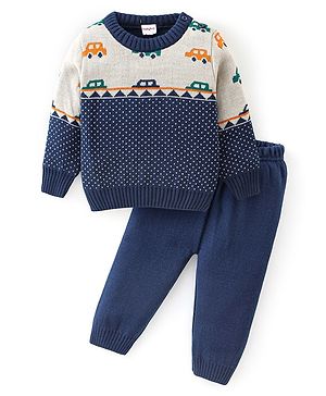 Babyhug Knitted Full Sleeves Sweater Set With Car Design - Navy Blue