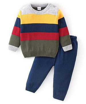Babyhug Knitted Full Sleeves Sweater Set With Striped - Navy Blue & Grey