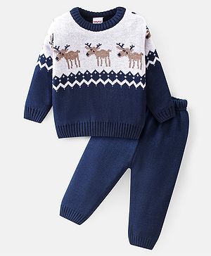Babyhug Knitted Full Sleeves Reindeer Design Sweater Set -Multicolour