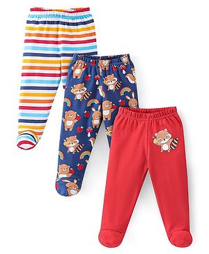 Babyhug Cotton Footed Bootie Leggings Striped & Bear Print Pack of 3 - Blue & Red