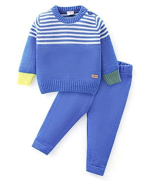 Babyhug Knitted Full Sleeves Striped Design Sweater Set - Blue