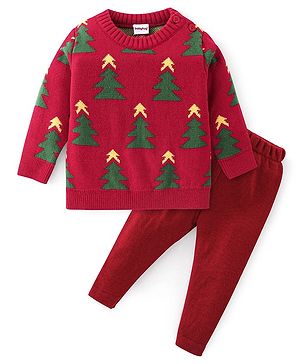 Babyhug Full Sleeves Baby Sweater Set Christmas Theme - Red