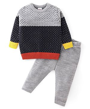 Babyhug Knitted Full Sleeves Sweater Set With Geometric  Design - Navy Blue & Grey Babyhug Knitted Full Sleeves Sweater Set With Geometric  Design - Navy Blue & Grey