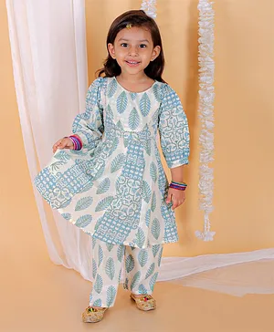 The Mom Store Puffed Full Sleeves Ethnic Leaves Motif & Lace Embellished Coordinating Kurta & Salwar Set - Blue