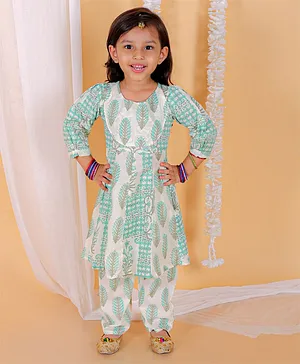 The Mom Store Puffed Full Sleeves Ethnic Leaves Motif & Lace Embellished Coordinating Kurta & Salwar Set - Blue