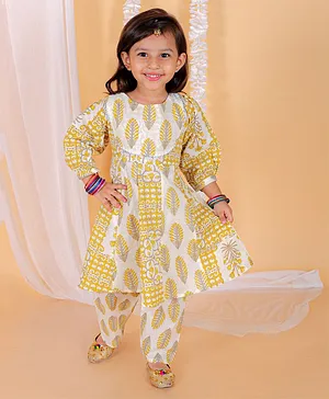 The Mom Store Puffed Full Sleeves Ethnic Leaves Motif & Lace Embellished Coordinating Kurta & Salwar Set - Yellow