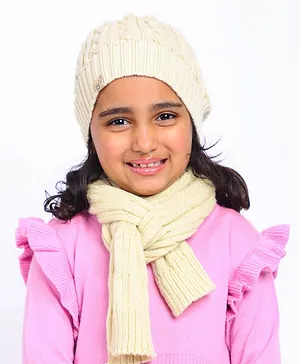 BHARATASYA Self Design Winter Beanie Cap And Muffler Set  - Cream