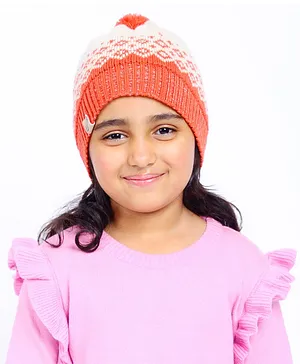 BHARATASYA Woven Designed Winter Wear Bobble Cap - Orange