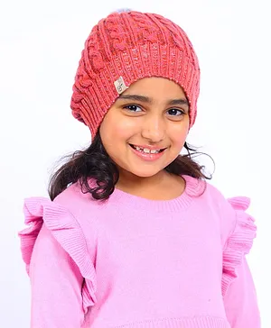 BHARATASYA Cable Designed Winter Wear Bobble Cap - Pink