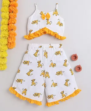 Many frocks & Sleeveless Baby Lion Printed Frill Detailed Top With Coordinating Palazzo Set - White
