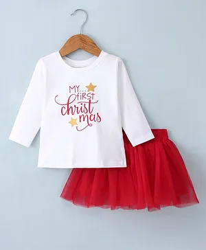 ORRIGANY Cotton Full Sleeves Christmas Tops & Skirt Set - Red & White