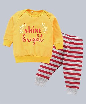 Kadam Baby Full Sleeves Shine Bright Text Printed  Sweatshirt & Striped Pajama Set-Yellow & Red