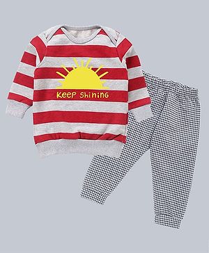 Kadam Baby Full Sleeves Keep Shining Text Printed Sweatshirt &  Pajama Set - Red & Grey