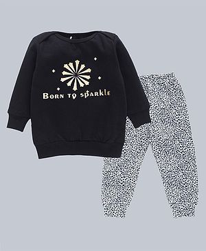 Kadam Baby Full Sleeves Born To Sparkle Text Printed  Sweatshirt &  Pajama Set - Black & Grey