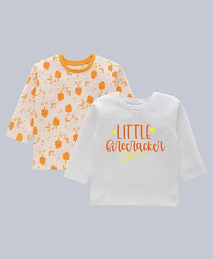 Kadam Baby Pack Of 2 Full Sleeves Birds & Little Firecracker Text Printed Tee - Orange & White