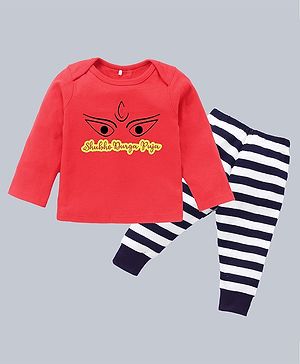 Kadam Baby  Shubho Durga Puja Theme Full Sleeves Durga Eye Printed Tee With Striped Pajama Set - Red