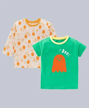 Kadam Baby  Set Of 2 Halloween Theme  Half Sleeves  Boo & Jungle Printed Tees  - Green & Orange