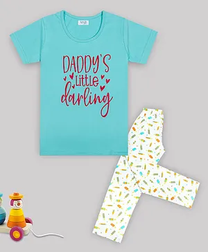Sheer Love Half Sleeves Daddy Little Darling Text Printed Tee With Ice Cream Printed Pajama - Teal Blue