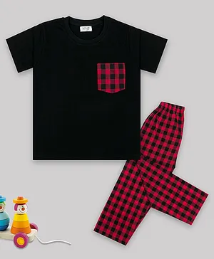 Sheer Love Half Sleeves Gingham Checked Coordinating Tee & Pajama Set - Black