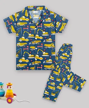 Sheer Love Half Sleeves Vehicles Printed Coordinating Shirt & Pajama Set - Navy Blue
