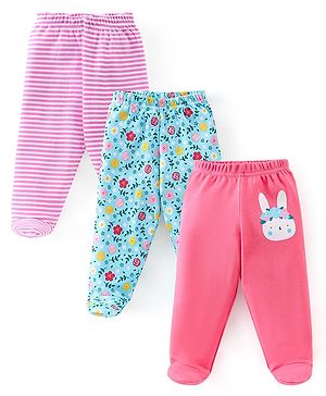 Babyhug Cotton Knit Footed Bootie Leggings Striped Pack of 3 - Blue & Pink