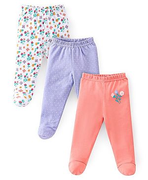 Babyhug Cotton Footed Bootie Leggings Striped & Floral Print Pack of 3 - White Purple & Pink
