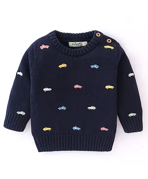 OLLYPOP Knitted Full Sleeves Sweater With Car Embroidery - Navy Blue