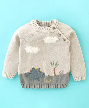 OLLYPOP Knitted Full Sleeves Sweater With Dino Embroidery - Grey