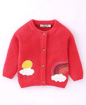 OLLYPOP Knitted Full Sleeves Sweater With Sun Embroidery - Red