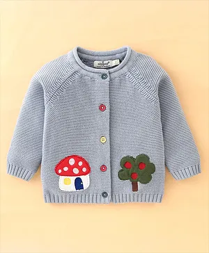 OLLYPOP Knitted Full Sleeves Sweater With Mushroom And Tree Embroidery - Grey