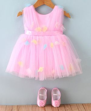 Bluebell  Sleeveless Party Frock With Bootie & Floral Applique - Pink