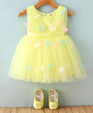 Bluebell  Sleeveless Party Frock With Bootie & Floral Applique - Yellow