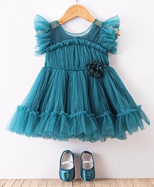 Bluebell Net Sleeveless Party Dresses and Gowns With Bootie Floral Applique & Frill Detailing - Teal Blue