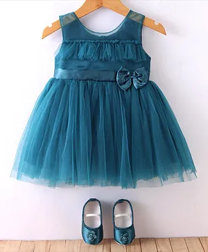Bluebell  Sleeveless Party Frock With Bootie & Bow Applique - Teal Blue