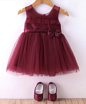 Bluebell  Sleeveless Party Frock With Bootie & Bow Applique - Maroon