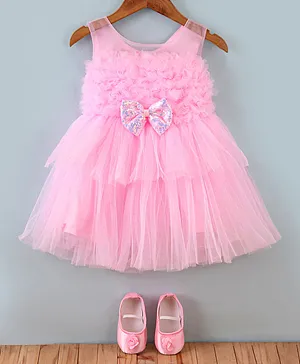 Bluebell Net DC Sleeveless Party Frock With Booties & Bow Applique Sequin Detailing -Pink