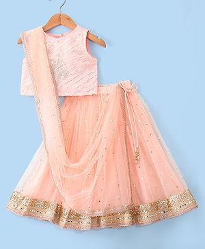 Babyhug Woven Sleeveless Choli and Sequined Lehenga with Dupatta - Peach