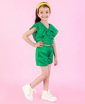 Lil Drama Sleeveless Ruffle Detailed & Pearl Embellished Top With Shorts - Green
