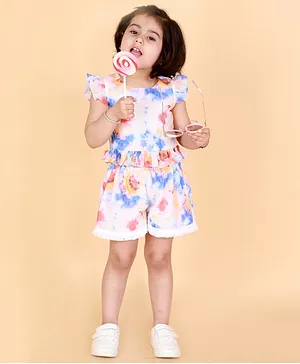 Lil Drama Cap Frill Sleeves Random Crumpled Tie Dye Top With Coordinating Shorts Set - Multi Colour