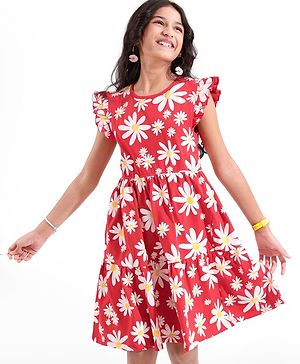 Pine Kids All Over Floral Printed Cap Sleeves Frock - Bittersweet