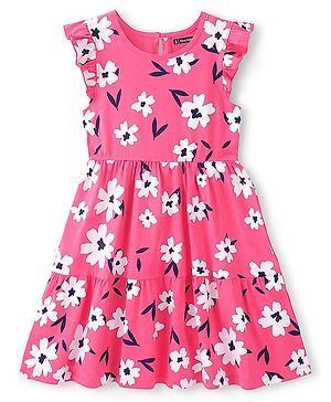Pine Kids 100% Cotton Knit Frill Sleeves Floral Print Dress - Pink