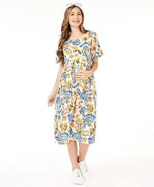 Bella Mama Women Half Sleeves Floral Printed Maternity Dress with Pocket - White
