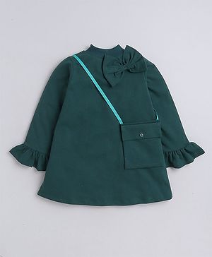 Aww Hunnie Full Bell Sleeves Bow Detailed Autumn & Winter Wear Dress With Sling Bag - Green