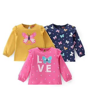 Babyhug 100% Cotton Knit Full Sleeves T-Shirt with Butterfly Graphics & Frill Detailing Pack Of 3 - Multicolor