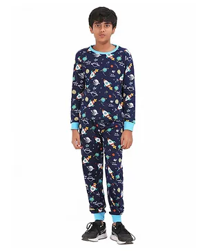 Ninos Dreams Full Sleeves  Space Theme Printed Tee With Coordinating Pajama Set - Blue