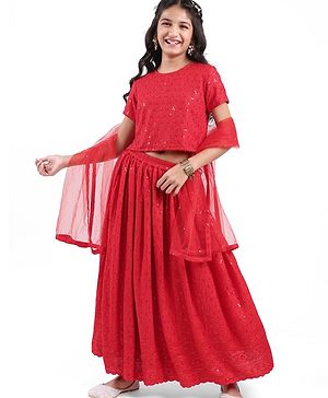 Pine Kids Half Sleeves All Over Embroidered Lehenga Choli Set With Dupatta - Red