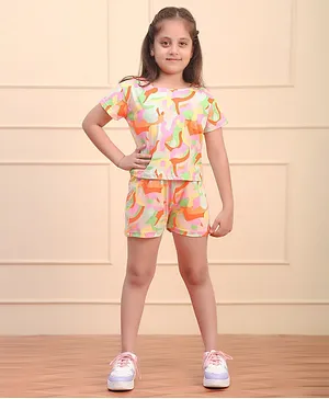 Ninos Dreams Half Sleeves Abstract Printed Tee With Coordinating Shorts Set - Multi Colour & Yellow
