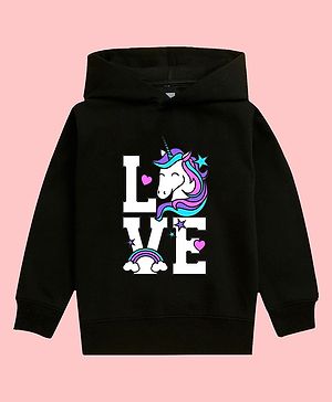 NUSYL Full Sleeves Love Unicorn Printed Hooded Sweatshirt - Black