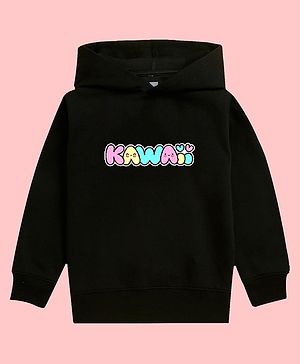 NUSYL Full Sleeves Kawaii Printed Hooded Sweatshirt - Black